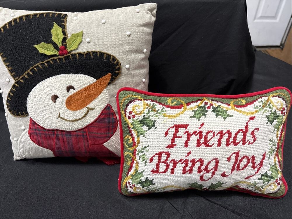Two Christmas Pillows, Needlepoint âFriends Bring Joyâ & AppliquĂŠd Snowman